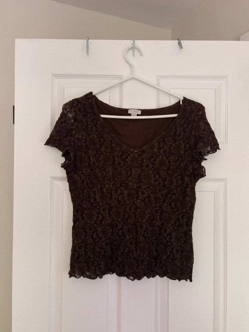 Vintage Brown Lace Top / Chocolate Lace Short Sleeve Shirt (Medium)